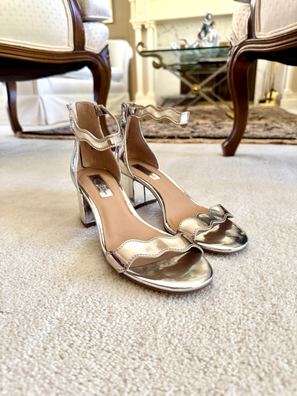 INC International Concepts Metallic Silver Wavy Strap Block Heel Sandals